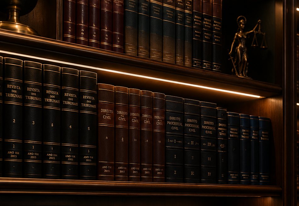 Biblioteca jurídica com coleção de obras especializadas, representando pesquisa, produção científica e inteligência jurídica