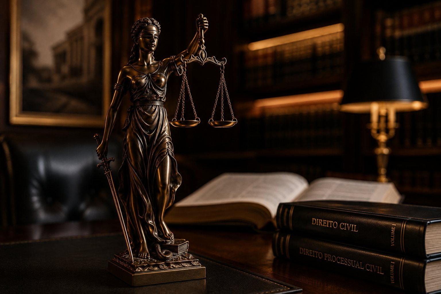Estátua da Justiça em bronze sobre mesa de escritório jurídico, ao lado de obras de Direito Civil e Direito Processual Civil